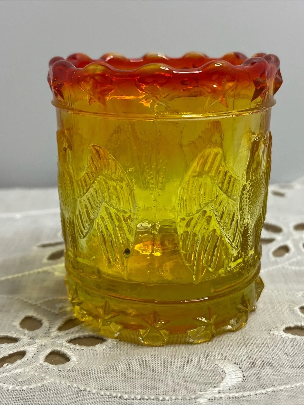 Vintage Kanawha Amberina Glass Toothpick Holder Eagle and Stars Patriotic Design